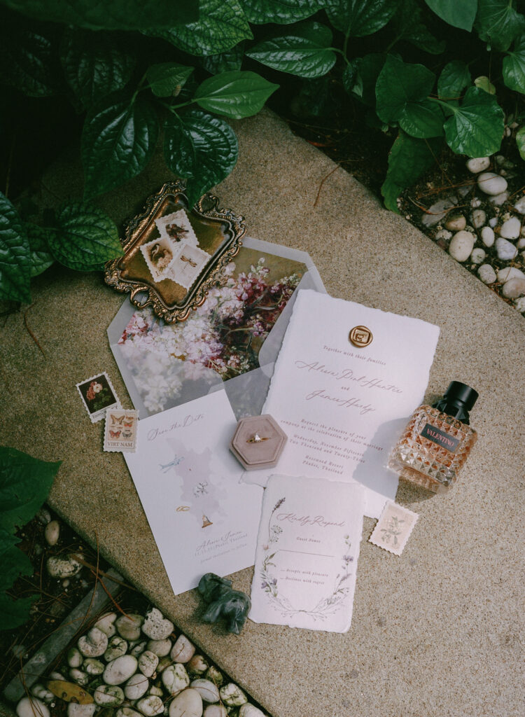 stationery and details flat lay for an intimate Phuket, Thailand wedding