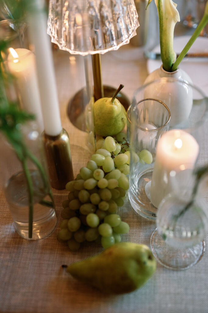 Close up of organic elevated wedding reception table decor