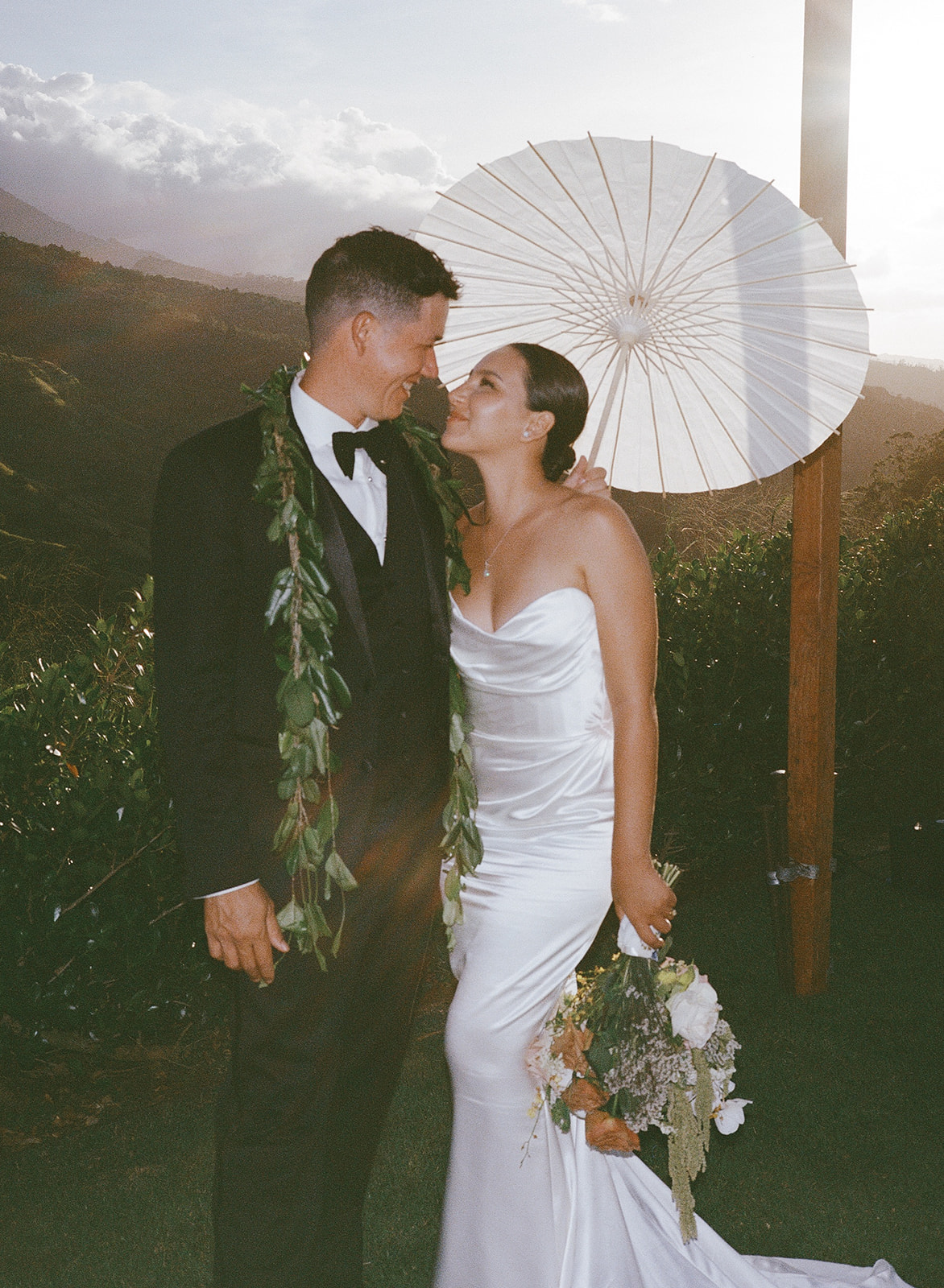 Oahu bridal portrait with white parasol