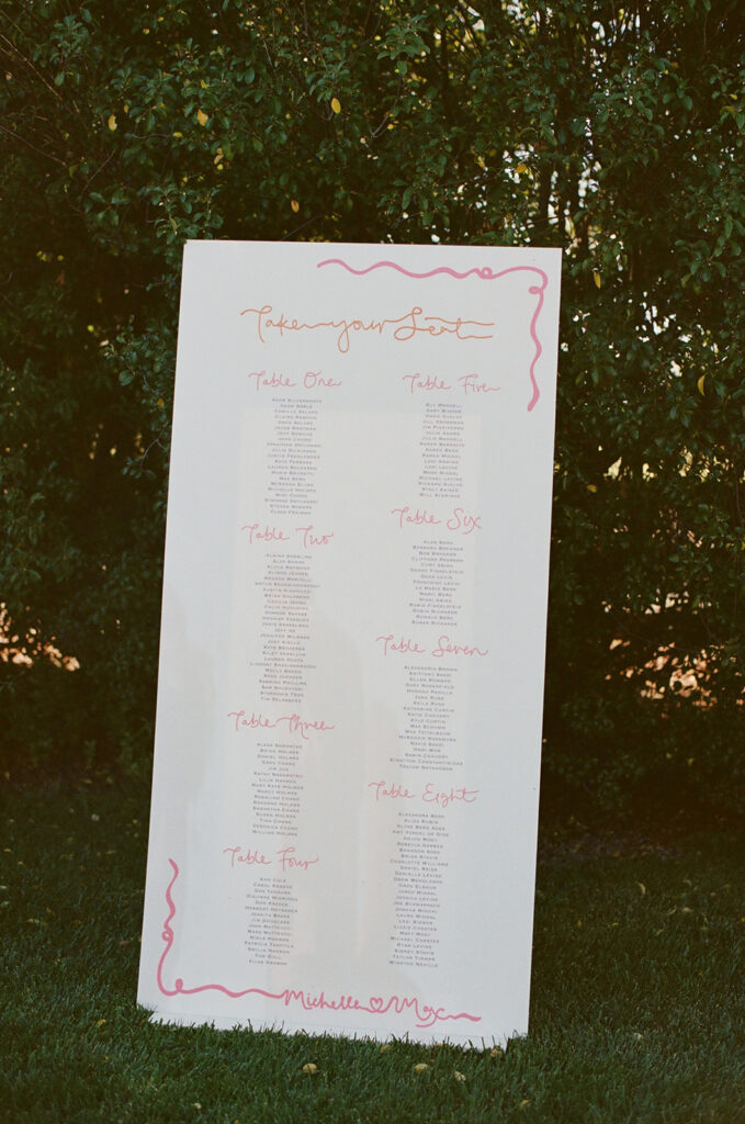 Hand-drawn wedding seating chart sign