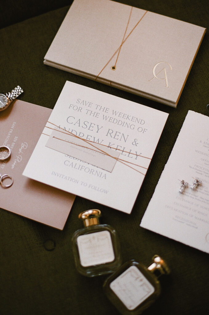 Curated wedding details flat lay