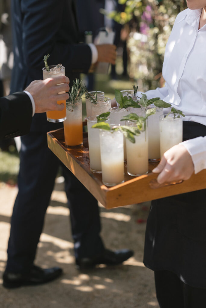 Craft cocktails on tray at elevated Sonoma, CA, wedding reception