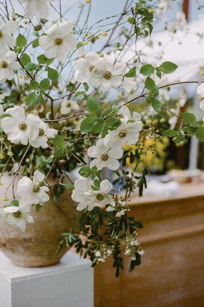 Organic floral arrangement at elevated Sonoma, CA, wedding