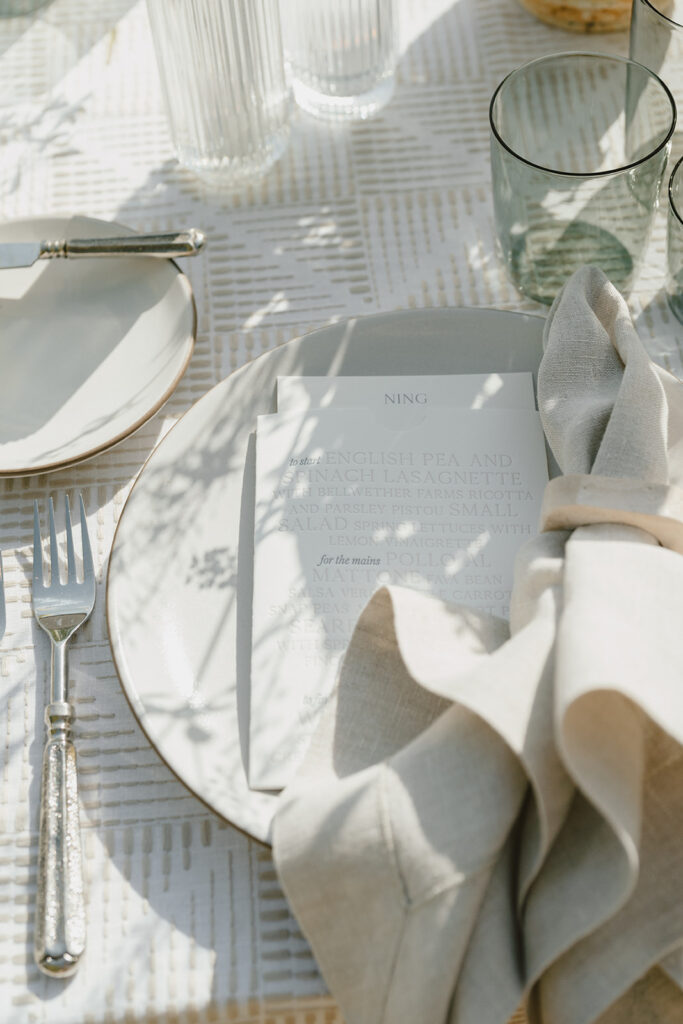 Place setting at elevated Sonoma, CA, wedding reception