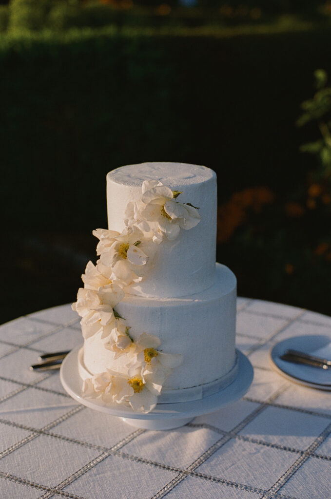 Two layer wedding cake decorated with white flowers